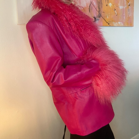Genuine leather pink mongolian fur trim jacket - Picture 8 of 8